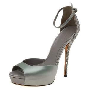 Gucci Grey Satin Ankle Strap Peep Toe Platform Sandals Size 38