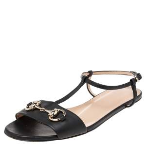 Pre Owned Gucci Black Leather Horsebit T-Strap Flat Sandals Size 37