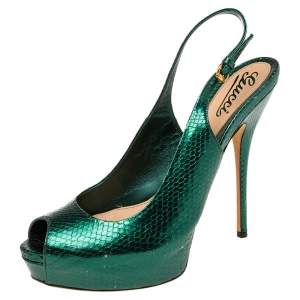 Pre Owned Gucci Green Python Leather Sofia Slingback Sandals Size 38.5 