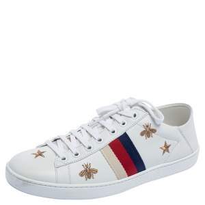 مملوكة مسبقًا Gucci White Leather Ace Bee And Stars Embroidered Low Top Sneakers Size 39
