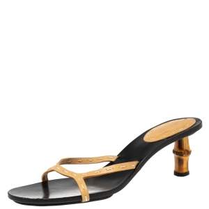 مملوكة مسبقًا Gucci Beige Leather Open Toe Bamboo Heel Slide Sandals Size 39.5