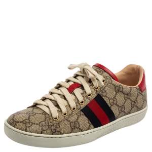 Gucci Beige/Brown GG Supreme Canvas Ace Web Low Top Sneakers Size 37