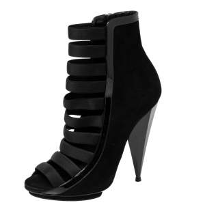 Pre Owned Gucci Black Suede and Patent Leather Olimpia Cage Ankle Booties Size 38.5