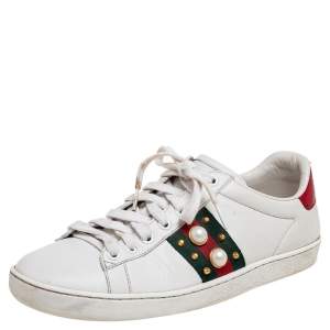 Gucci White Leather New Ace Web Pearl Embellished Low Top Sneakers Size 38