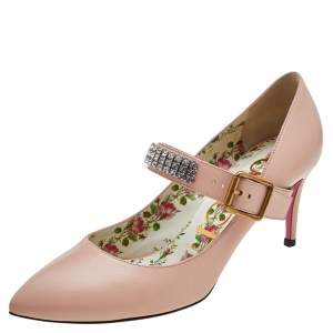 مملوكة مسبقًا Gucci Beige Leather Sylvie Crystal Embellished Mary Jane Pumps Size 37