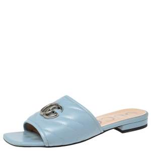 مملوكة مسبقًا Gucci Light Blue Quilted Leather Jolie Logo Slides Size 36