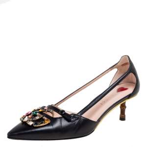 Pre Owned حذاء كعب عالي غوتشي أونلا جي جي كريستال بامبو جلد أسود مقاس 35.5