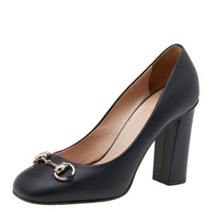 Pre Owned حذاء كعب عالي غوتشي هورسبيت جلد أسود كعب سميك مقاس 37.5