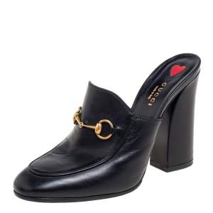 مملوكة مسبقًا حذاء مولز غوتشي كعب عريض برنستاون جولي هورسبيت جلد أسود مقاس 39