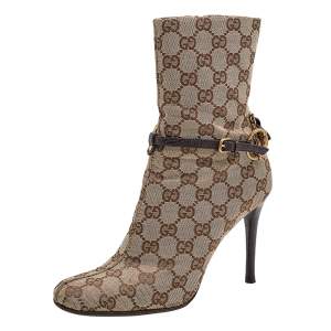 Pre Owned Gucci Beige/Brown GG Canvas And Leather Horsebit Ankle Boots Size 36.5