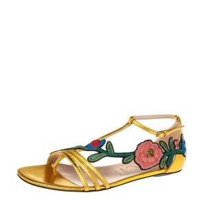 Pre Owned Gucci Gold  Leather Ophelie Floral-Embroidered Flat Sandals  Size 39.5