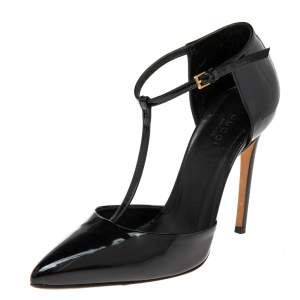 Pre Owned Gucci Black Patent Leather Pointed Toe T Strap Pumps Size 36