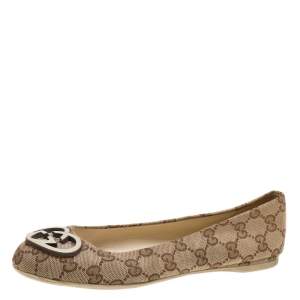 Pre Owned Gucci Beige GG Canvas Heart Shaped Interlocking GG Ballet Flats Size 36