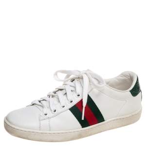 Pre Owned Gucci White Leather Web Ace Sneakers Size 34.5