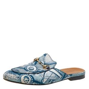 Gucci Blue Printed Satin Princetown Horsebit Flat Mules Size 38.5
