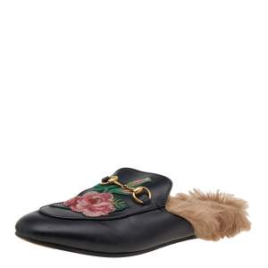 Pre Owned Gucci Black Floral Embroidered Leather Fur Lined Princetown Horsebit Flat Mules Size 39
