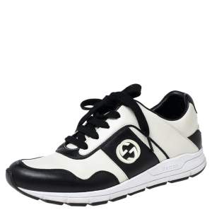 Pre Owned حذاء رياضي غوتشي عنق منخفض رباط علوي جي جي متشابك جلد أبيض / أسود مقاس 38.5