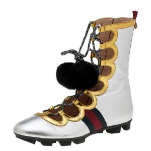 Gucci Metallic Silver/Gold Leather And Mink Fur Titan High Top Sneakers Size 39