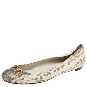 Gucci Grey/Cream Karung Leather Horsebit Ballet Flats Size 38