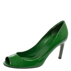 Pre Owned Gucci Green Patent Leather Peep Toe Pumps Size 38