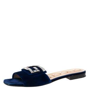 Gucci Blue Velvet Crystal G Slide Sandals Size 37.5