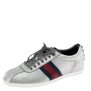 Gucci Silver Glitter Bambi Web Detail Low Top Sneakers Size 38