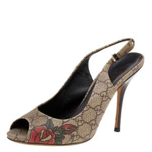 Gucci Beige/Brown GG Supreme Canvas 'Tattoo' Slingback Sandals Size 38