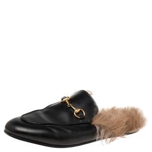 مملوكة مسبقًا Gucci Black Leather and Fur Princetown Horsebit Flat Mules Size 37.5