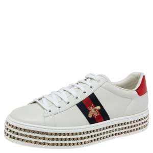 Gucci White Leather New Ace Crystal Embellished Platform Sneakers Size 40