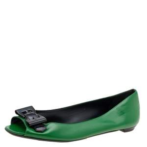 Pre Owned Gucci Green Leather Buckle Detail Open Toe Ballet Flats Size 39