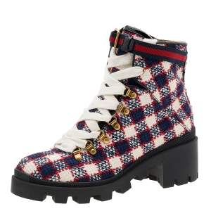 Pre Owned Gucci Multicolor Vintage Check Tweed Lace Up Combat Boots Size 40