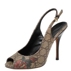 مملوكة مسبقًا Gucci Beige/Brown GG Supreme Canvas Tattoo Peep-Toe Slingback Pumps Size 36