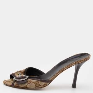 Pre Owned Gucci Beige/Brown GG Canvas and Leather Horsebit Slide Sandals Size 37