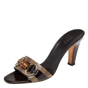 Pre Owned صندل سلايد غوتشي جلد لامع وكانفاس بيج / بني كريستال جي جي هورسبيت بامبو مقاس 37