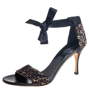 Pre Owned Gucci Black Printed Pleated Satin Ankle-Wrap Sandals Size 37.5