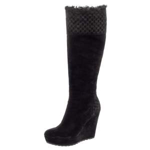 Pre Owned Gucci Black Microguccissima Suede Knee Length Boots Size 37.5