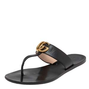 Pre Owned Gucci Black Leather GG Marmont Flat Thong Sandals Size 35.5
