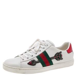 Gucci White Leather Ace Arrow Applique Low Top Sneakers Size 37.5