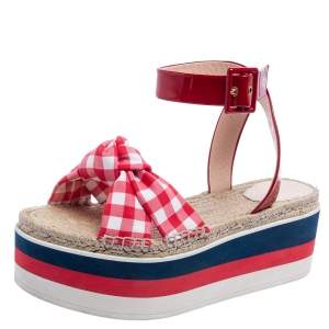 مملوكة مسبقًا Gucci Tri-Color Gingham Fabric and Patent Leather Sefir Espadrille Platform Sandals Size 42