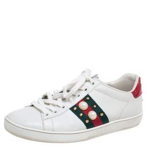 Gucci White Leather And Python Embossed Ace Pearl Spike Sneakers Size 35