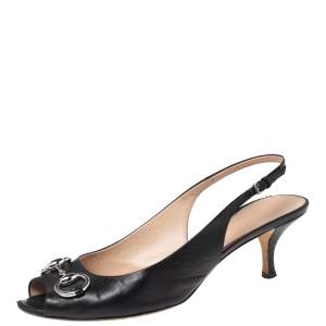 Pre Owned Gucci Black Leather Horsebit Slingback  Sandals Size 39.5