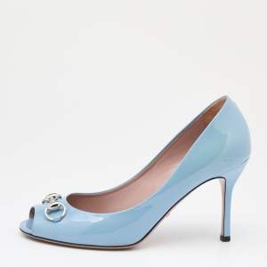 Pre Owned Gucci Blue Patent Leather Horsebit Peep Toe Pumps Size 40