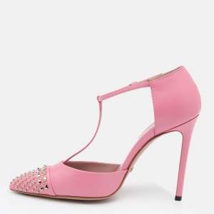 Pre Owned Gucci Pink Leather Malaga Studded T Strap Pumps Size 38.5