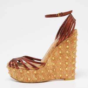 Pre Owned Gucci Copper Leather Studded Cork Wedge Sandals Size 38