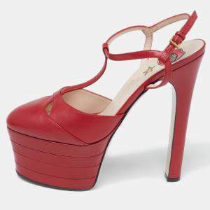 Pre Owned Gucci Red Leather Angel T-Strap Platform Sandals Size 37.5