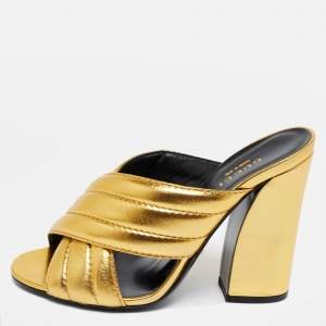 Pre Owned Gucci Gold Quilted Leather Webby Mules Size 36.5