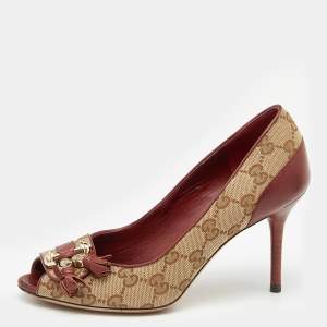 Pre Owned Gucci Beige/Brown GG Canvas And Leather Tassel Detail Peep Toe Pumps Size 36.5