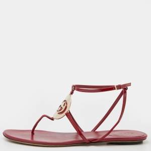 Pre Owned Gucci Red Patent Leather G Interlocking Strap Flat Sandals Size 41 