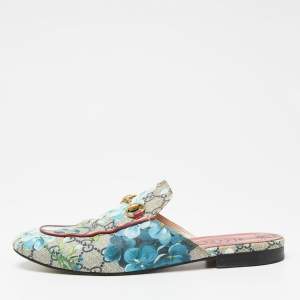 Pre Owned حذاء مولز غوتشي فلات برنستاون كانفاس مزهر سوبريم جي جي بيج/ أزرق هورسبيت مقاس 39.5