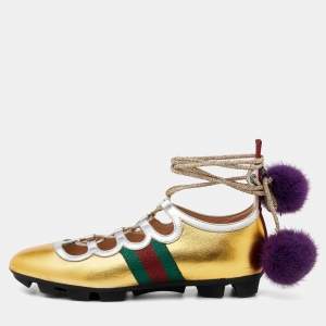 Gucci Metallic Gold/Silver Leather Pom-Pom Tie Up Titan Sneakers Size 38.5